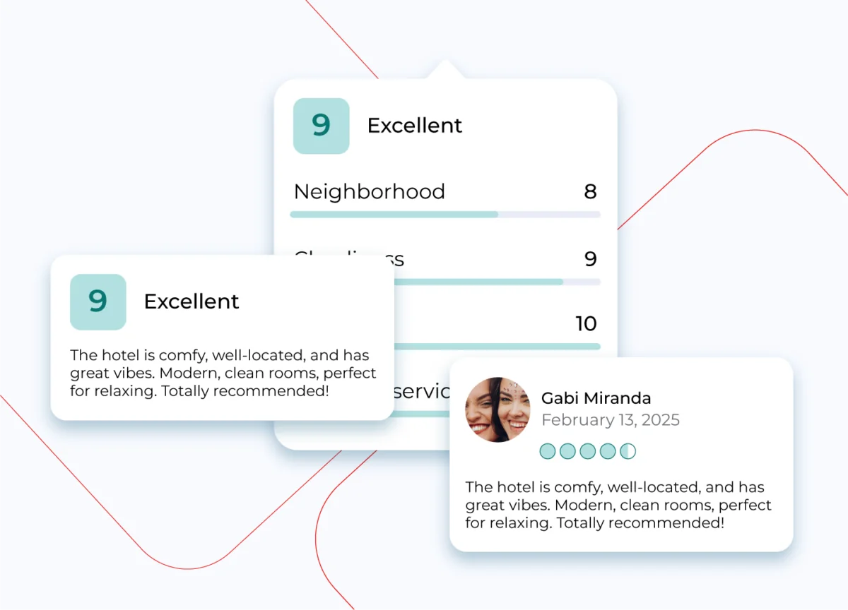Hotel booking platform displaying guest reviews and ratings to boost trust and conversion with Juniper Rating & Reviews module