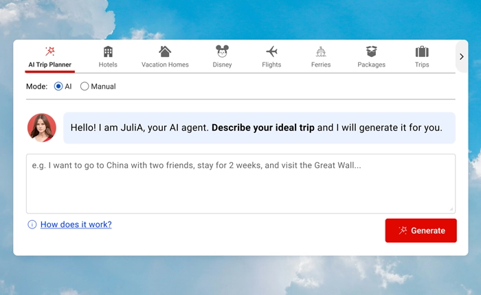 AI Trip Planner Step 1: the user describes their trip in natural language