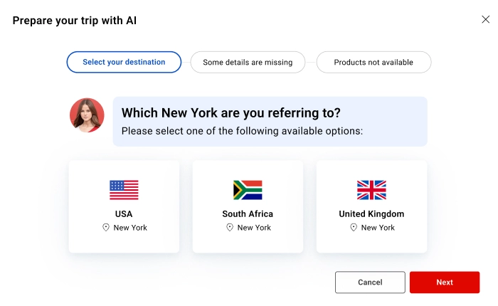 AI Trip Planner Step 2: AI asks the user questions to complete the trip details