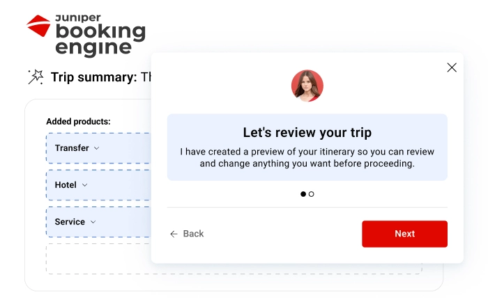 AI Trip Planner Step 5: itinerary confirmed and converted into a booking in Juniper Booking Engine