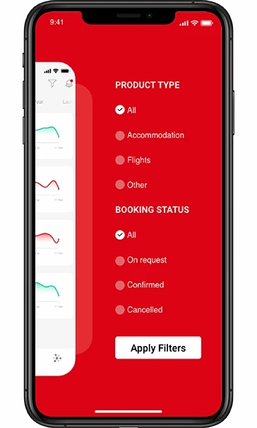 Juniper KPI app customer screen with filters for product type and booking status, showing tracked customer performance charts