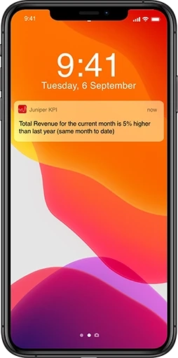 Juniper KPI app screens showing available credit, global reports with revenue and bookings data, and a mobile notification alert