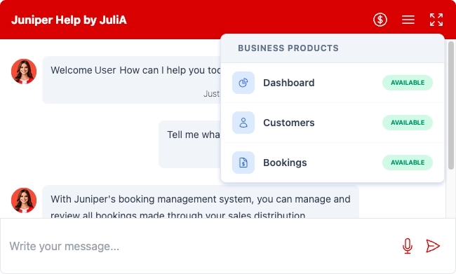 Juniper Help by JuliA Business chatbot interface showing real-time dashboard, customers and bookings insights powered by AI