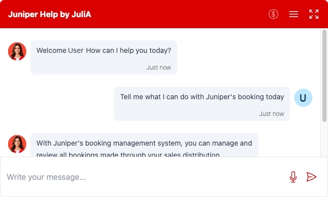 Chatbot interface of JuliA inside Juniper intranet