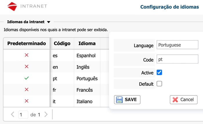 Step 3: Juniper intranet language configuration panel showing available languages and default settings